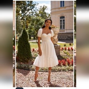 NWT Alamour Katina A-Line Midi Dress w/ classic bustier and puffy sleeves Size L